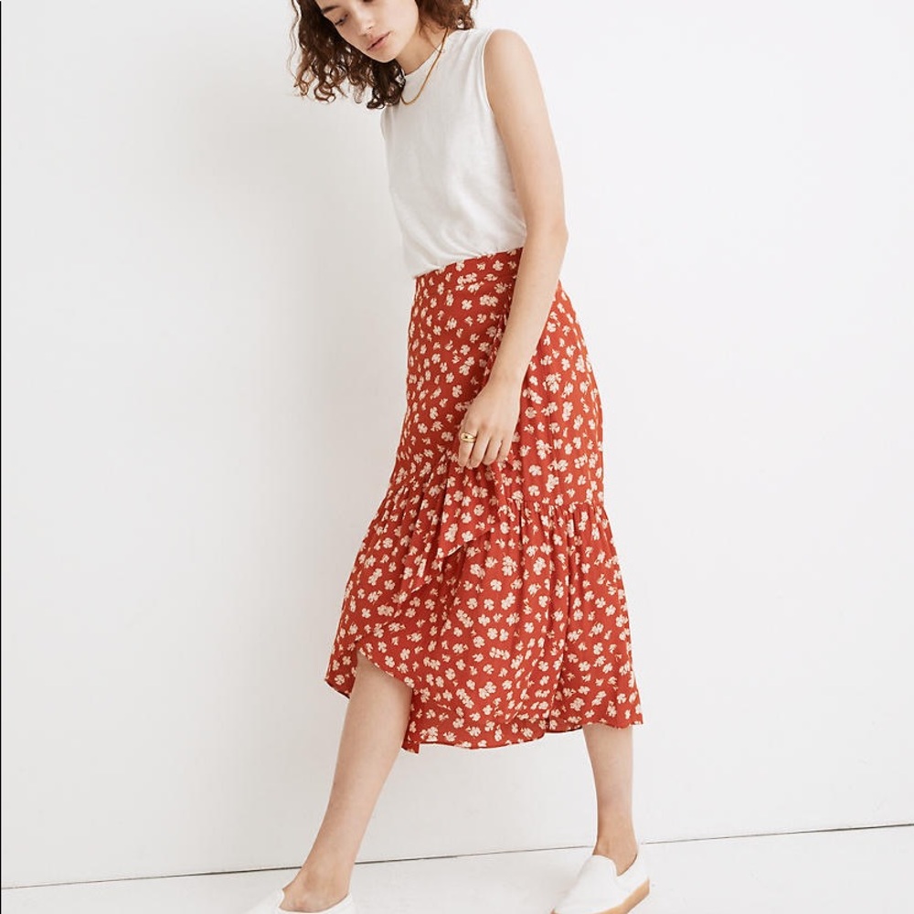 Madewell Ruffle Wrap Midi Skirt in Red Happy Hibiscus Floral 18